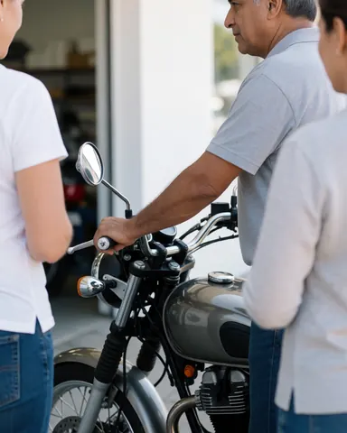 Une cliente se tient debout près de sa moto stationnée devant la boutique de réparation, les mains sur le guidon, accompagnée de deux autres personnes.