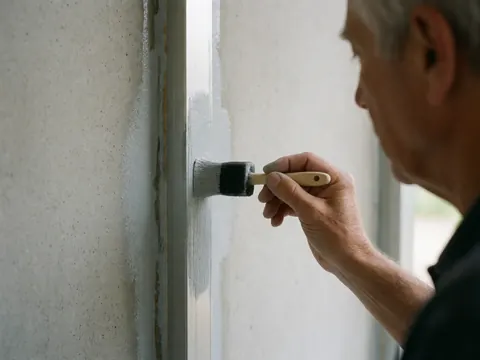 Un homme applique de la peinture grise sur un cadre en aluminium à l'aide d'un pinceau, dans le cadre d'un service de réparation de fenêtres.