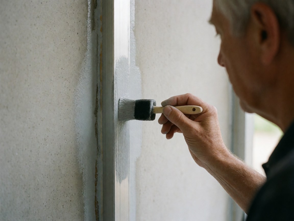 Un homme applique de la peinture grise sur un cadre en aluminium à l'aide d'un pinceau, dans le cadre d'un service de réparation de fenêtres.