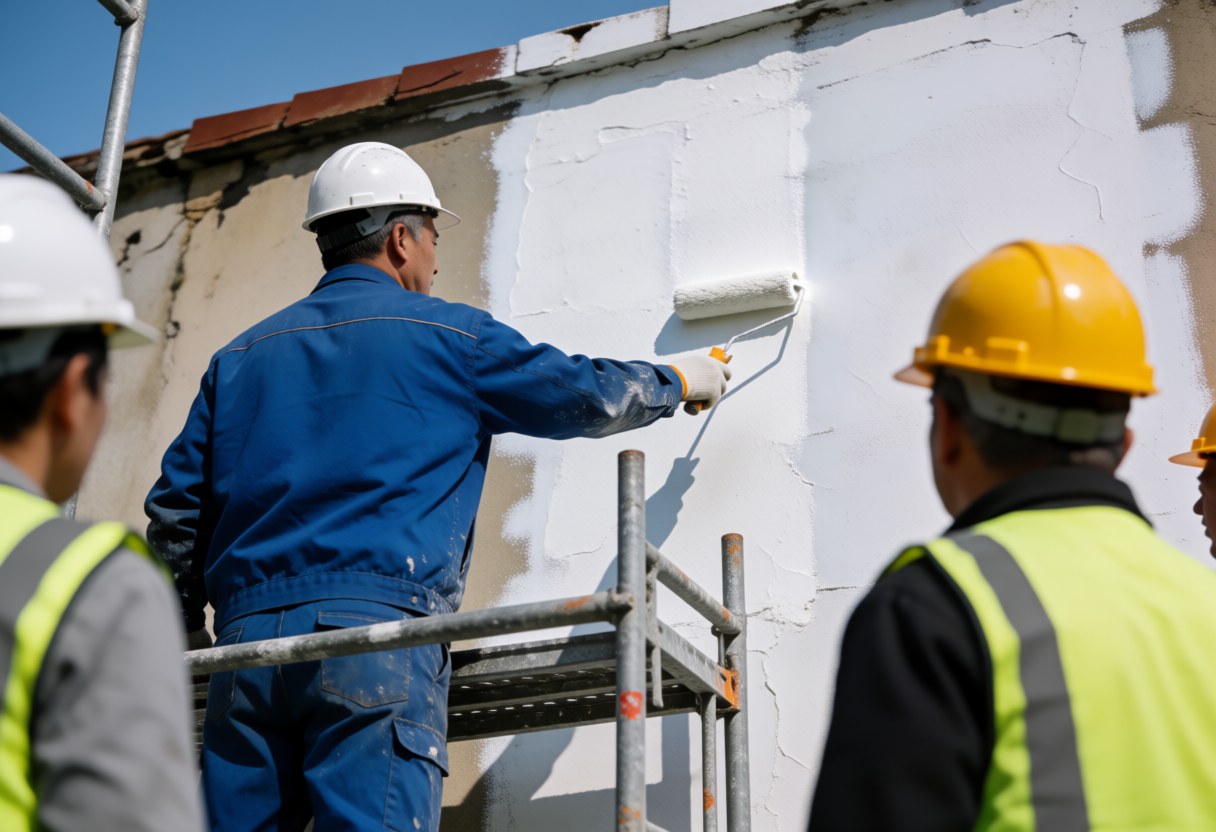 Un ouvrier en casque blanc peint un mur au rouleau tandis que d'autres collègues en gilets et casques observent les travaux de peinture décorative.