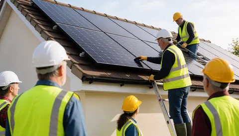 Des ouvriers en casques et gilets de sécurité posent des modules photovoltaïques sur le toit d'une maison, illustrant une intervention de maintenance solaire.