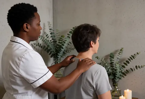 Un thérapeute effectue un massage dorsal sur un client au sein d'un spa décoré de murs en béton, de plantes d'eucalyptus et de bougies allumées.