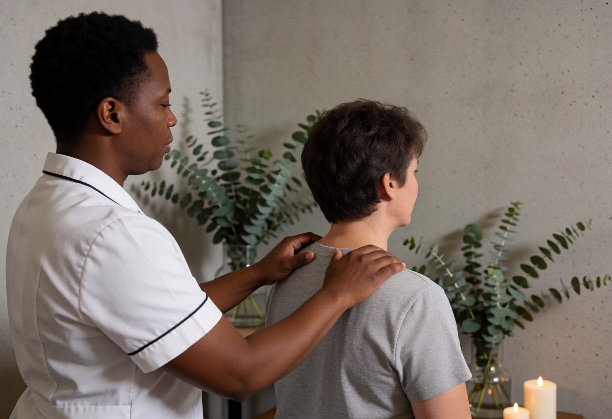 Un thérapeute effectue un massage dorsal sur un client au sein d'un spa décoré de murs en béton, de plantes d'eucalyptus et de bougies allumées.