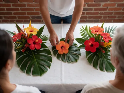Des mains arrangent des fleurs tropicales colorées en centre de table sur une surface blanche, dans un cadre intérieur avec un fond neutre.