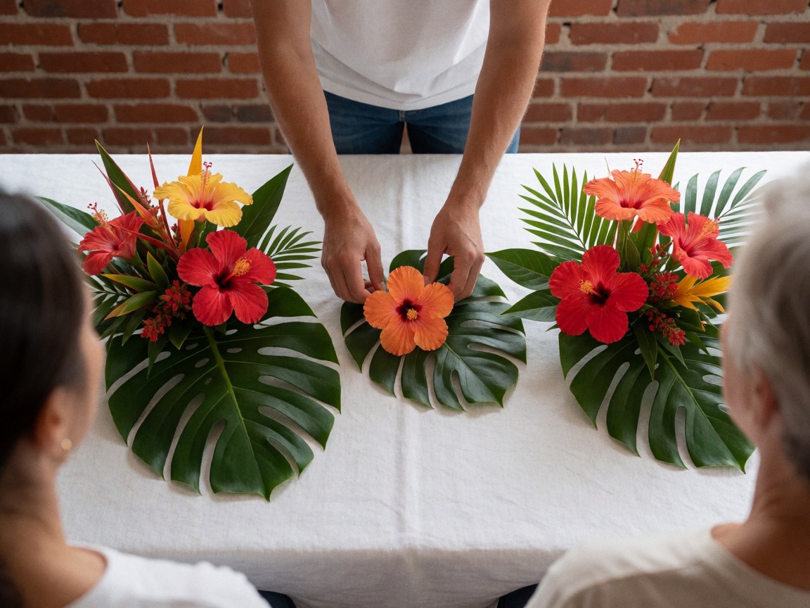Des mains arrangent des fleurs tropicales colorées en centre de table sur une surface blanche, dans un cadre intérieur avec un fond neutre.