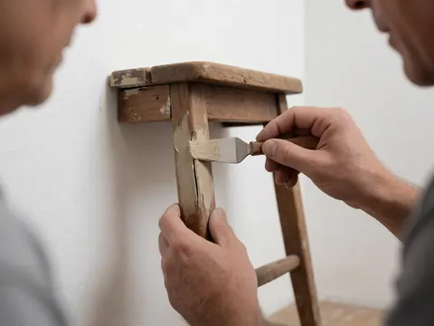 Une main applique du remplissage sur une vieille chaise en bois devant un mur blanc, montrant la réparation de meubles anciens avec un outil visible.