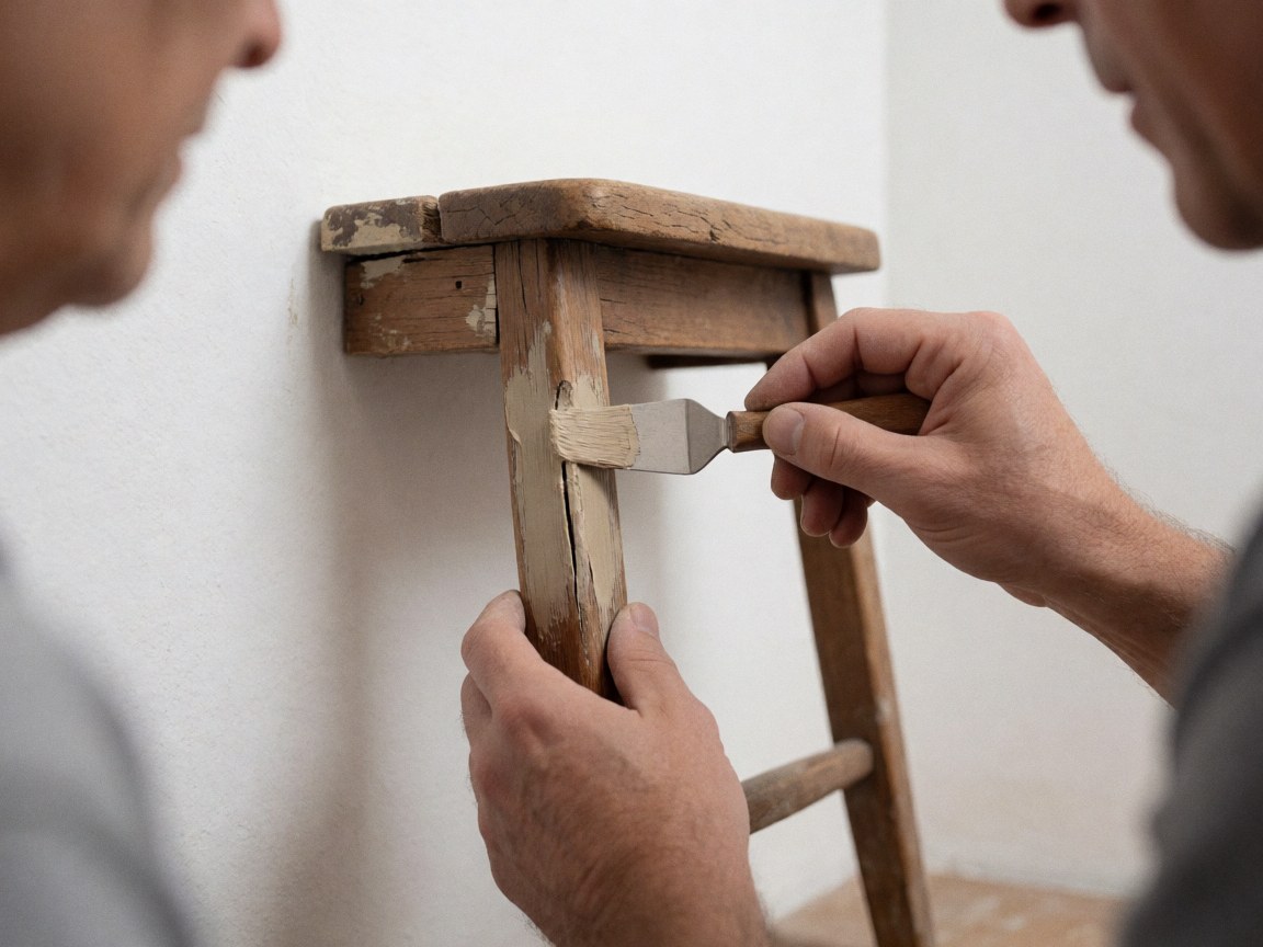 Une main applique du remplissage sur une vieille chaise en bois devant un mur blanc, montrant la réparation de meubles anciens avec un outil visible.