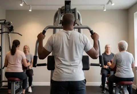 Un homme s'entraîne avec une machine de pesée dans un gymnase tandis que d'autres personnes utilisent l'équipement en arrière-plan.