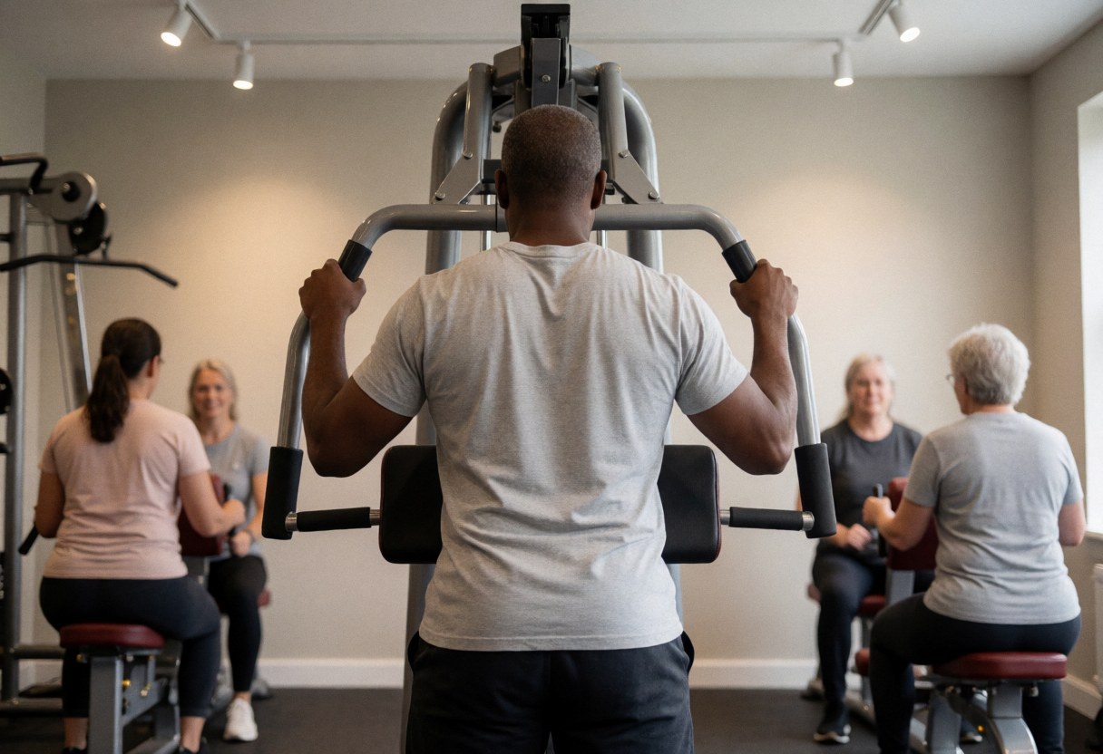 Un homme s'entraîne avec une machine de pesée dans un gymnase tandis que d'autres personnes utilisent l'équipement en arrière-plan.