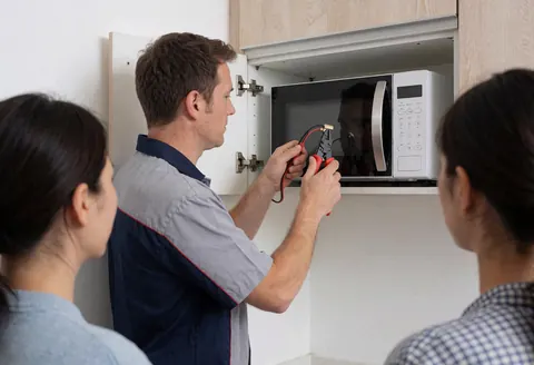 Un technicien effectue une réparation de micro-ondes en cuisine tandis que des clients observent la prestation de service.