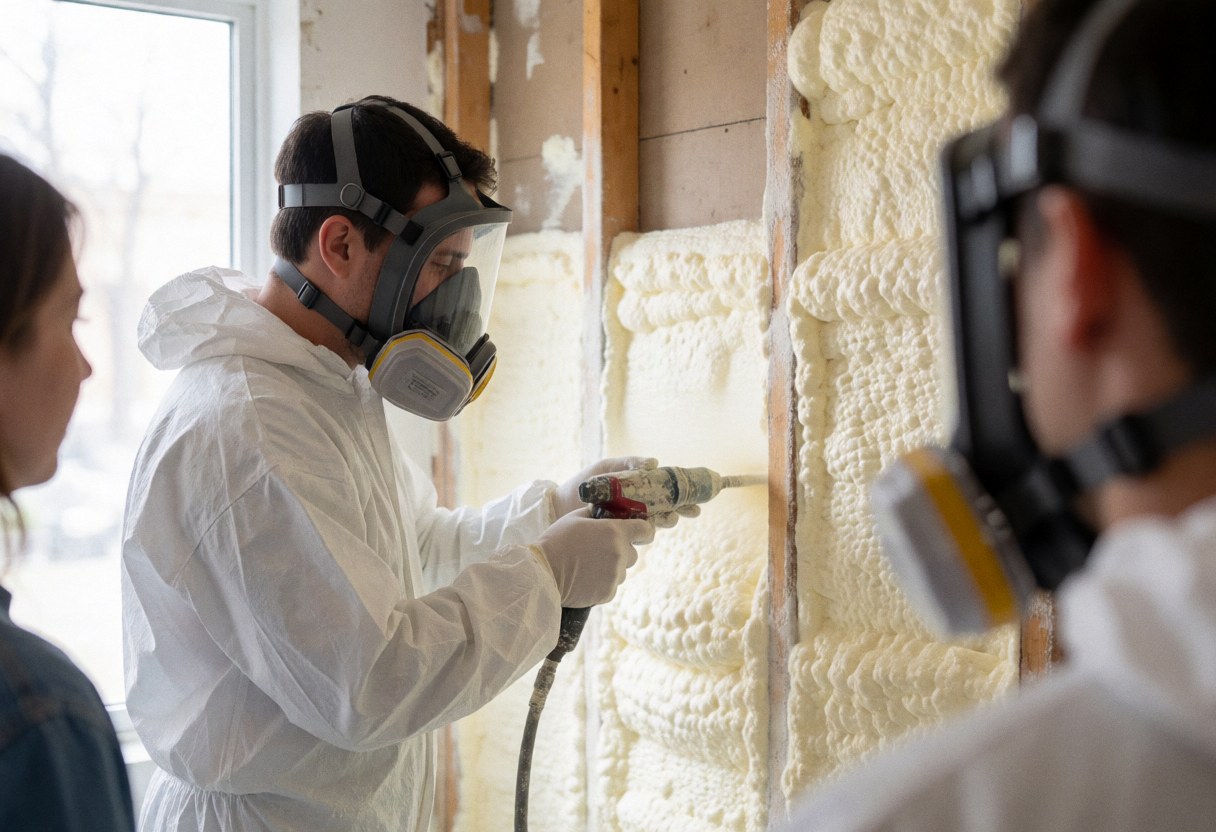Un technicien en combinaison et masque applique de la mousse isolante sur un mur en bois, éclairé par la lumière naturelle d'une fenêtre.