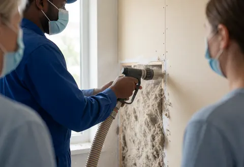Un technicien en masque injecte de la cellulose dans un mur en plâtre, profitant de la lumière naturelle d'une fenêtre pour un service d'isolation thermique.