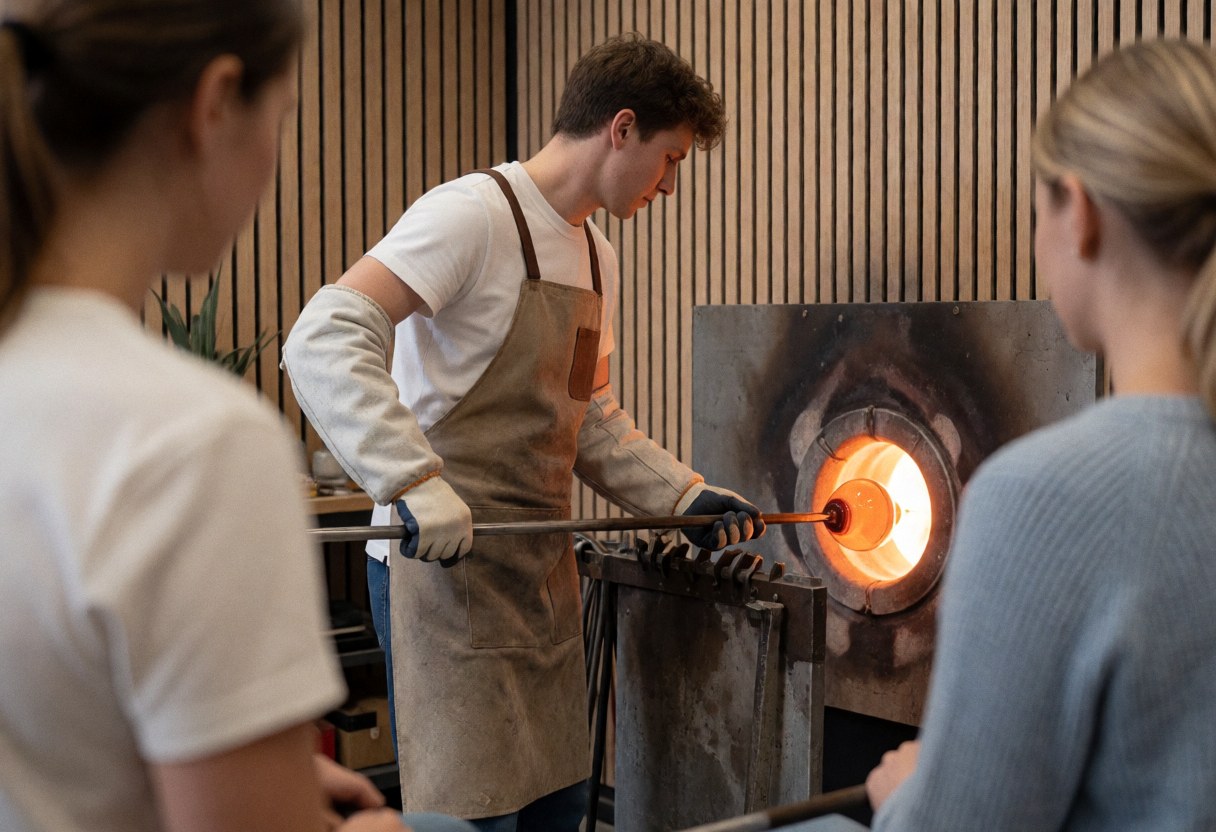 Un artisan souffleur de verre manipule un tube contenant du verre en fusion devant une gloria, dans un atelier aux murs en bois clair.
