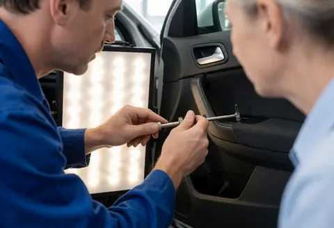 Un technicien en uniforme bleu utilise un rouleau métallique pour réparer une bosse sur la portière d'un véhicule pendant qu'un client observe le service de carrosserie et de peinture.