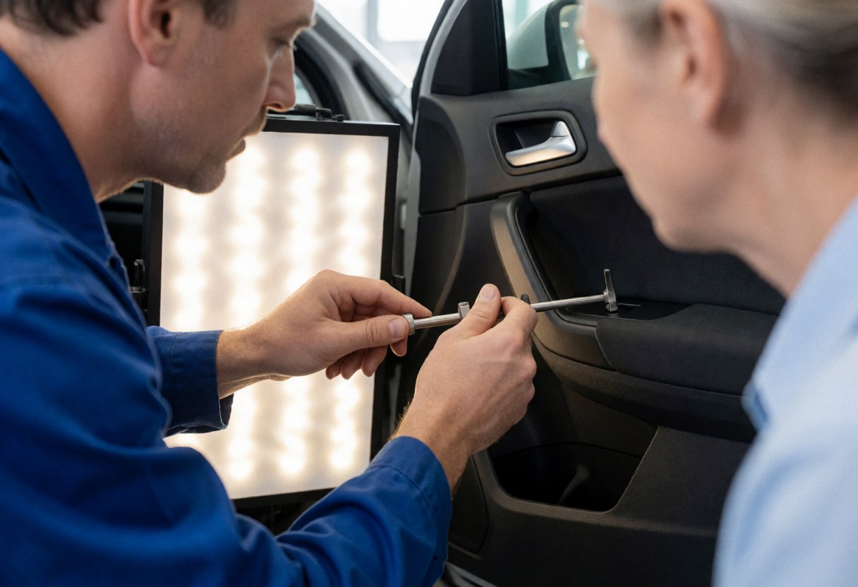 Un technicien en uniforme bleu utilise un rouleau métallique pour réparer une bosse sur la portière d'un véhicule pendant qu'un client observe le service de carrosserie et de peinture.
