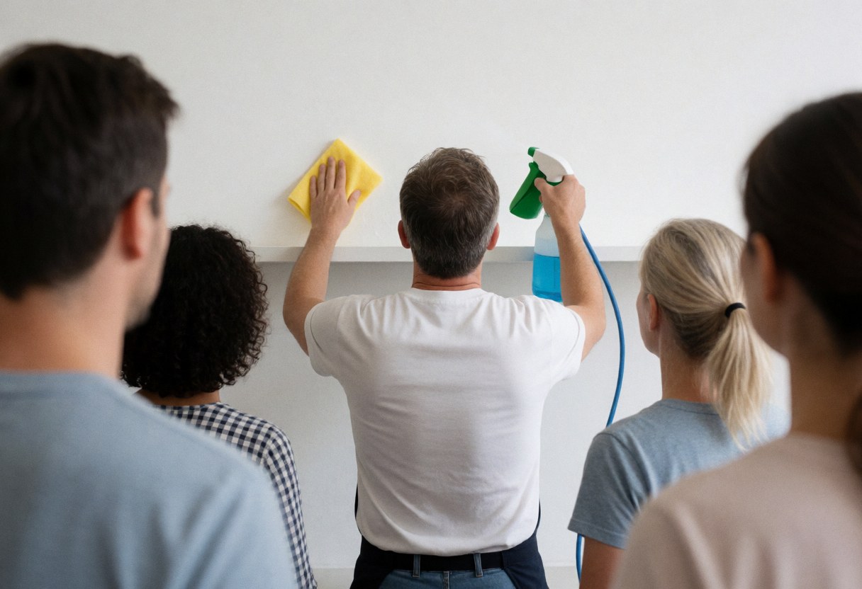 Un employé nettoie une étagère dans une papeterie à l'aide d'un spray et d'un chiffon jaune, tandis que des clients observent le service.