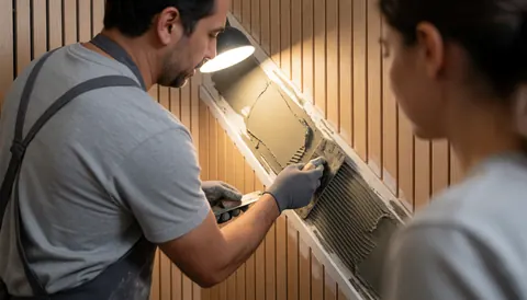 Un ouvrier applique du mortier avec une truelle sur une échelle en bois éclairée par un projecteur lors d'une réparation.