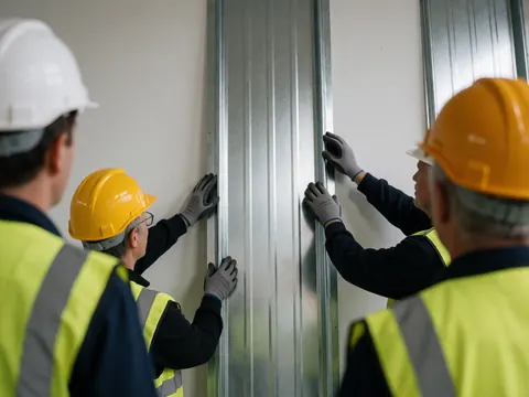 Des ouvriers en équipements de sécurité ajustent un panneau métallique à nervures verticales sur une structure, illustrant l'installation de toitures.