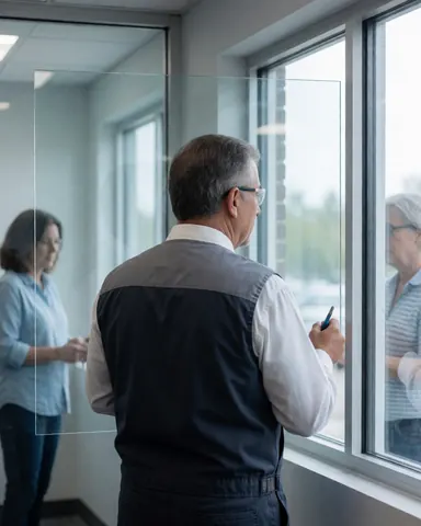 Un technicien portant des lunettes de sécurité examine une fenêtre moderne en verre transparent dans un bureau aux murs gris avec lumière naturelle.