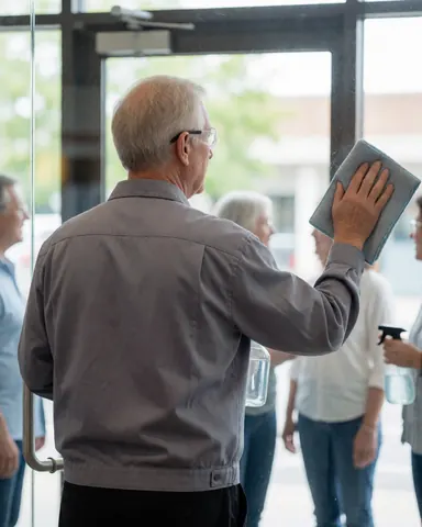 Un homme portant un uniforme gris et des lunettes de sécurité lave une vitre transparente avec un chiffon en microfibre tandis que des clients observent la prestation depuis l'extérieur.