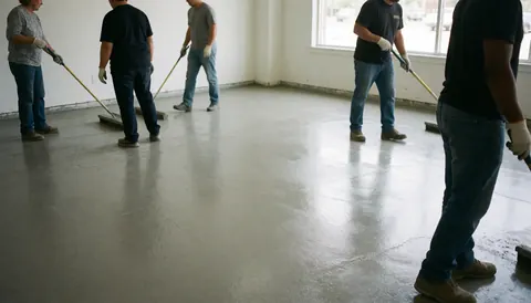 Des ouvriers utilisent des rouleaux pour niveler un sol en béton frais dans une pièce lumineuse, illustrant un service d'installation professionnel.
