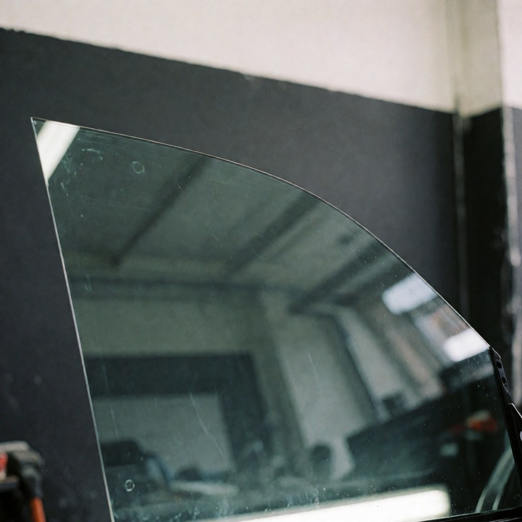 Fenêtre de véhicule propre avec une goutte d'eau visible, reflet d'un atelier sur fond noir, évoquant un service de lavage automobile professionnel.