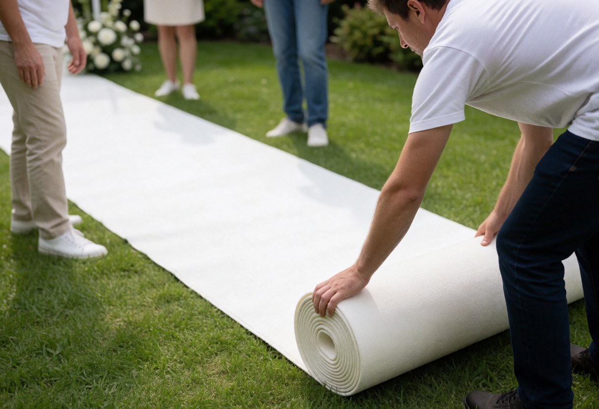 Un employé déroule un long tapis blanc sur une pelouse verte pour préparer une allée de mariage en extérieur.