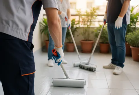 Travailleur en gants appliquant un revêtement étanche sur un sol carrelé avec des plantes en pot et une lumière de coucher de soleil, service d'étanchéification.