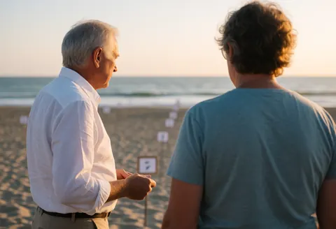 Un coordinateur de fêtes et un client examinent les marqueurs sur la plage au coucher du soleil pour planifier un événement.