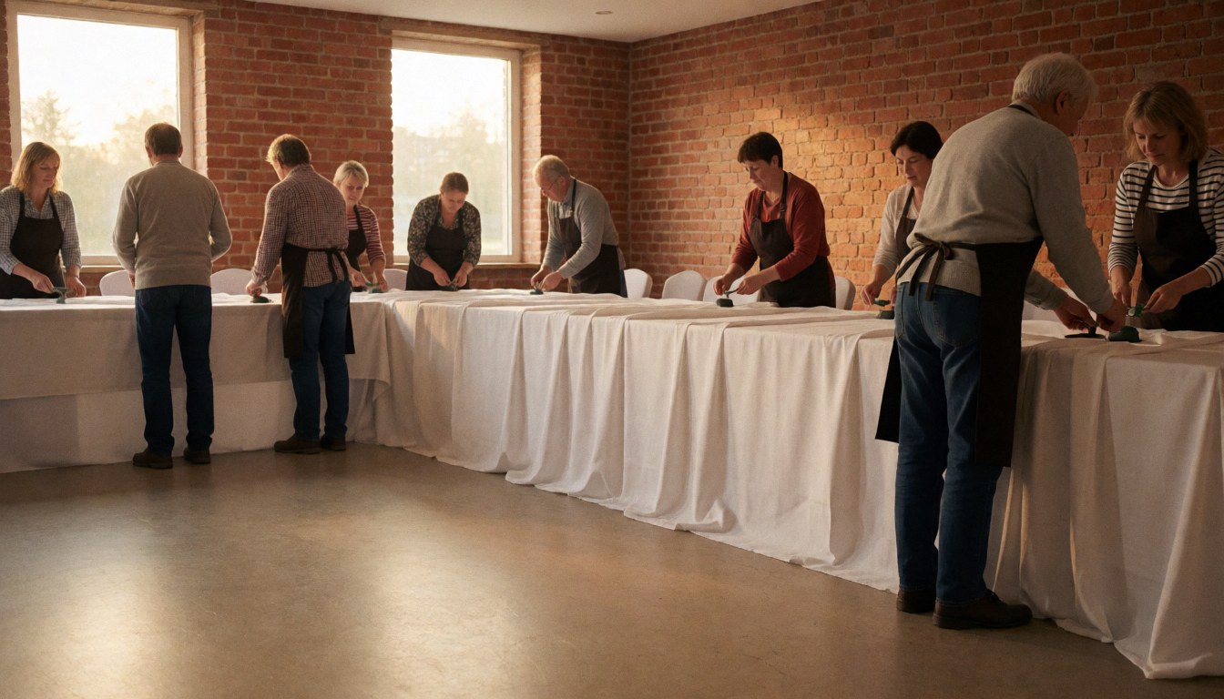 Adultes en tablier ajustant une nappe blanche sur une longue table dans un intérieur avec murs en briques et lumière naturelle.