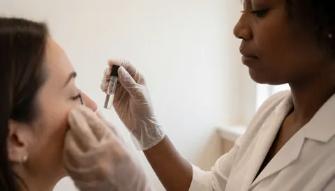 Une professionnelle en blouse blanche applique de l'adhésif sur des cils postiches lors d'une séance dans un salon.