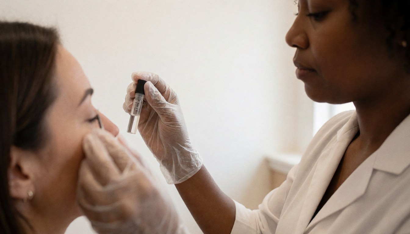 Une professionnelle en blouse blanche applique de l'adhésif sur des cils postiches lors d'une séance dans un salon.
