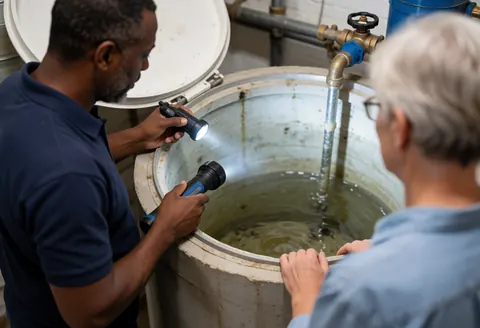 Un plombier avec une lampe torche examine le fond d'un réservoir d'eau trouble pendant qu'une personne observe les travaux.