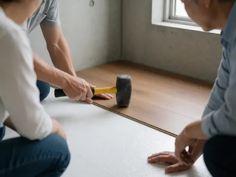 Trois personnes posent un plancher en bois sur un sous-couche blanc dans une pièce aux murs de béton.