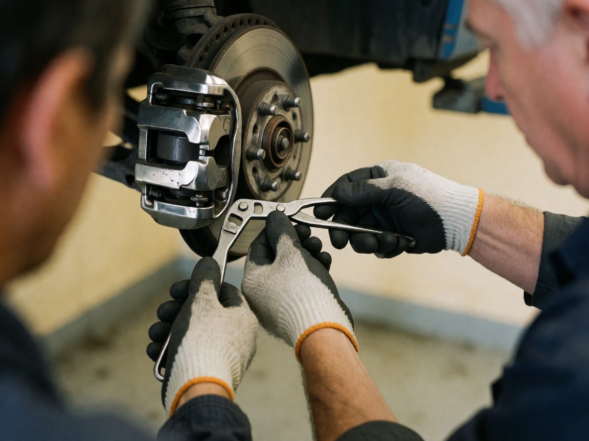 Des mains portant des gants ajustent l'étrier de frein d'une moto dans un atelier, mettant en évidence le détail du travail de réparation mécanique.