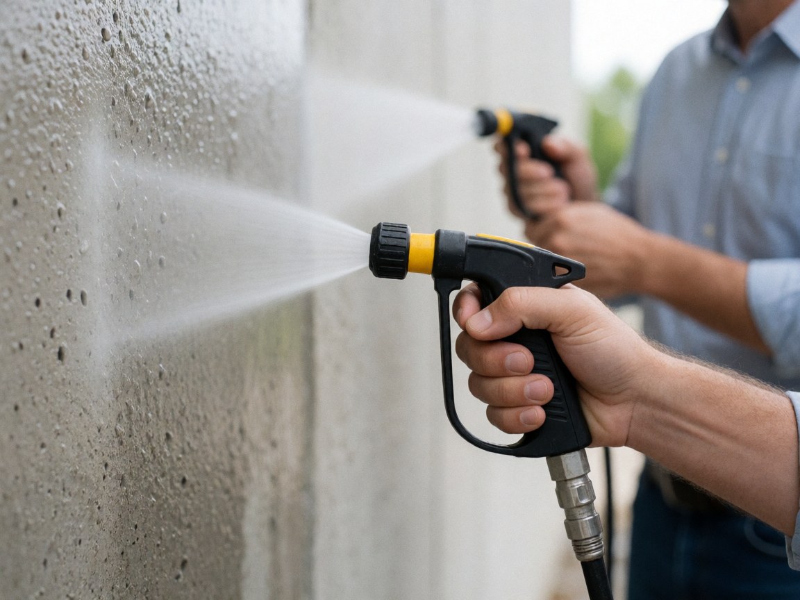 Une main tient un pistolet pulvérisateur sur un mur en béton humide, illustrant le processus d'étanchéification lors de travaux de construction.