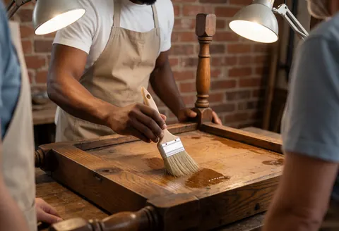 Un menuisier en tablier applique un traitement sur une table en bois ancien dans un atelier avec mur de briques et éclairage de travail, service de réparation de meubles anciens.