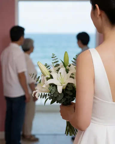 Une femme vêtue d'une robe blanche et tenant un bouquet de lys blancs regarde l'horizon marin devant un mur rose, évoquant une scène réaliste et émotionnelle.