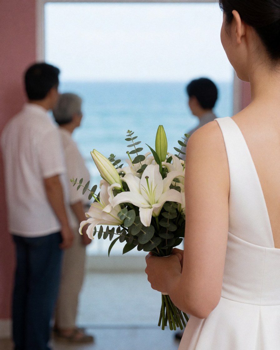 Une femme vêtue d'une robe blanche et tenant un bouquet de lys blancs regarde l'horizon marin devant un mur rose, évoquant une scène réaliste et émotionnelle.