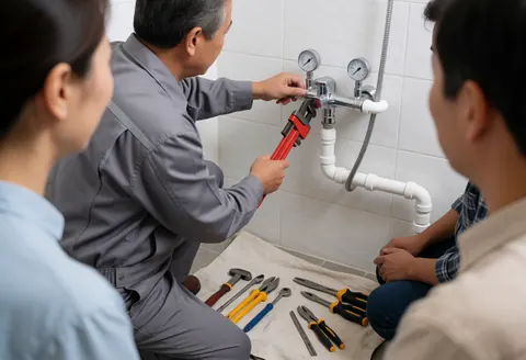 Un plombier en uniforme gris ajuste une vanne de douche avec une clé rouge, des tuyaux PVC blancs et une pression d'eau visible.