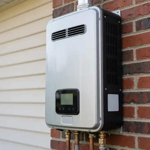 Chauffe-eau sans réservoir fixé à un mur en briques avec des tuyaux en cuivre, idéal pour les professionnels de la plomberie.
