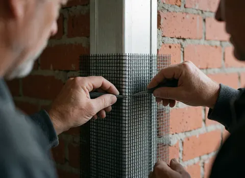 Une main utilise un outil pour couper une maille en fibre de verre fixée sur un cadre en aluminium contre un mur de briques rouges lors d'une réparation de fenêtre.