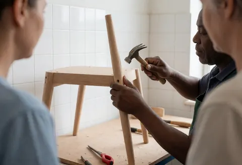 Un homme travaille sur une chaise en bois avec un marteau pendant que deux autres personnes observent la scène dans un atelier.