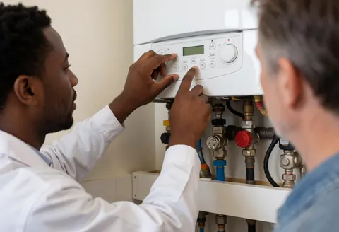 Un technicien en uniforme ajuste un panneau digital sur une chaudière avec tuyaux et vannes visibles, tandis qu'un client observe la scène de réparation dans un environnement propre.