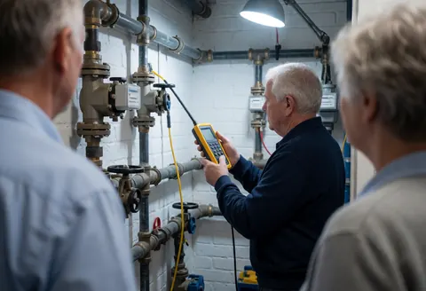 Un technicien utilisant un détecteur pour inspecter des tuyaux de gaz dans une salle technique avec des murs en briques blanches et un éclairage de travail.