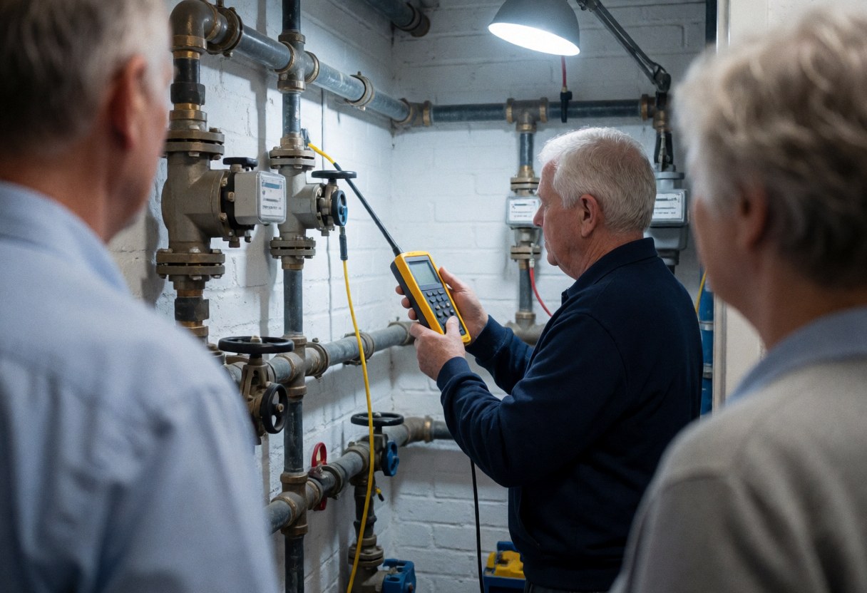 Un technicien utilisant un détecteur pour inspecter des tuyaux de gaz dans une salle technique avec des murs en briques blanches et un éclairage de travail.