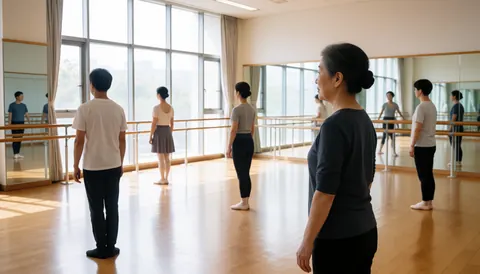 Une instructrice de danse observe ses élèves lors d'un cours de ballet dans un studio équipé de miroirs et d'une barre en bois.