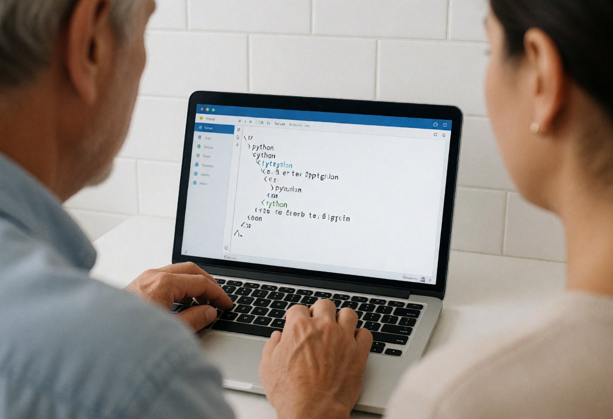 Une personne adulte tape du code Python sur un laptop posé sur un bureau devant des murs carrelés blancs, illustrant un service en action pour un cours de programmation.