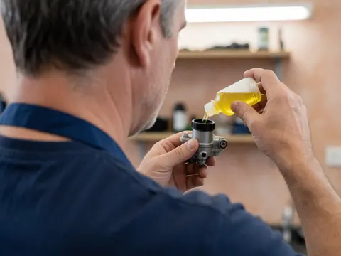 Un mécanicien remplit un cylindre de frein avec du liquide jaune dans un atelier de motos aux murs en terre cuite et à la lumière vive.