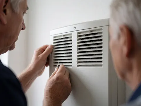 Un technicien ajuste des grilles de ventilation sur un mur blanc avec un outil lors d'un service de réparation d'alarmes.